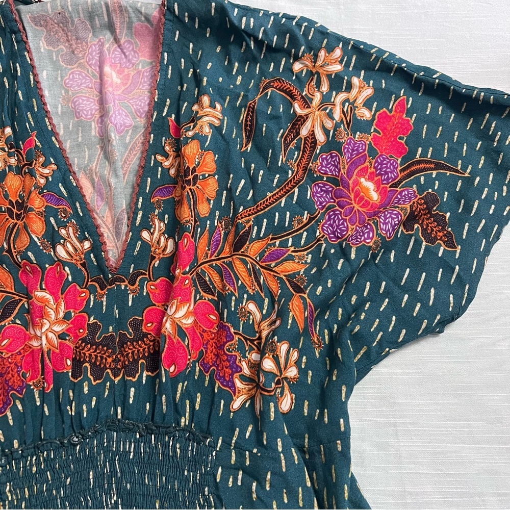 Anthropologie Blank London Teal Floral Print Tatiana Kaftan Dress One Size - Picture 9 of 14
